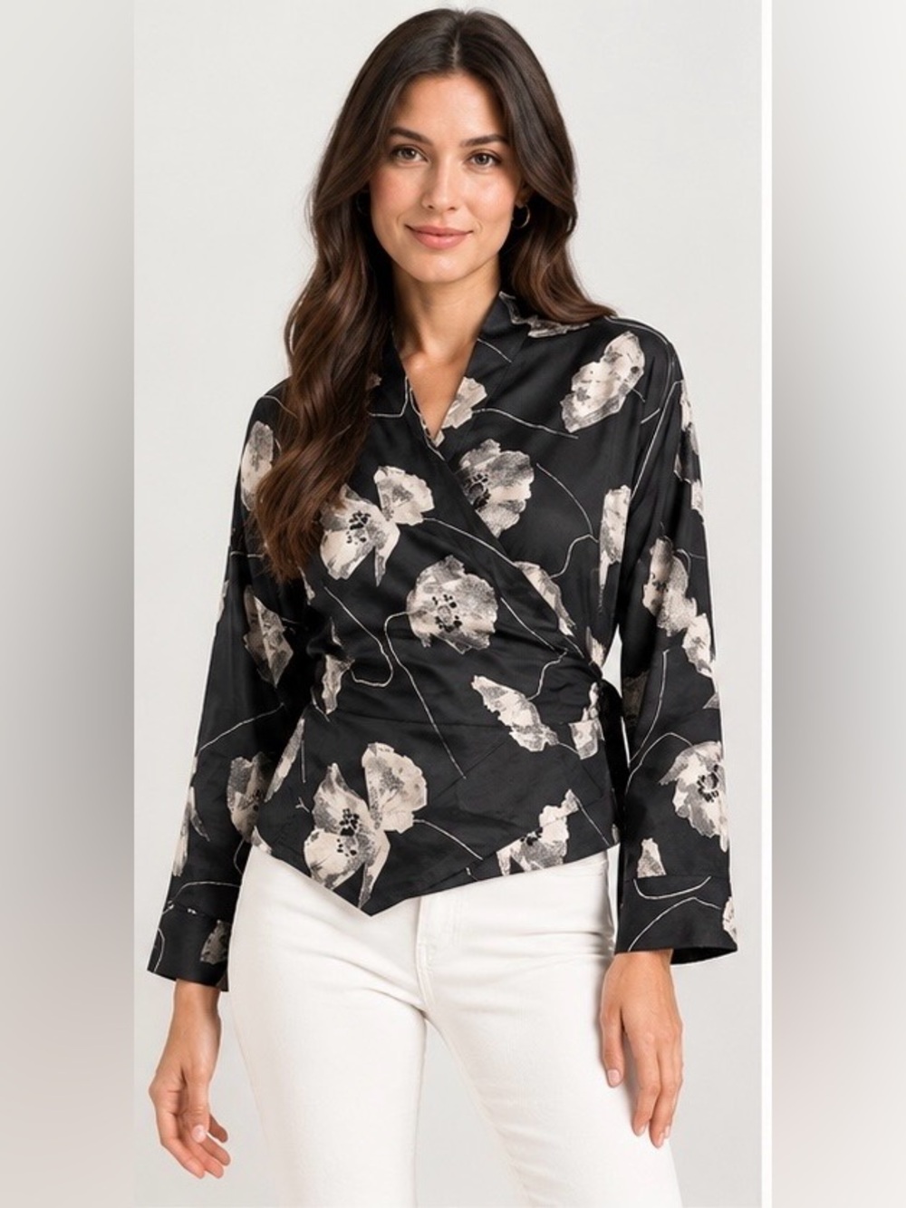 Jones New York Black Floral Silk Wrap Top